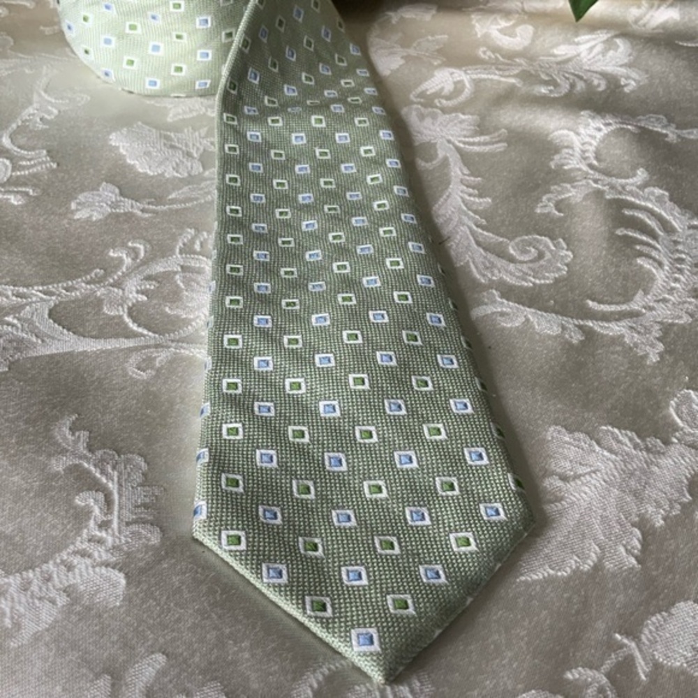 Saddlebred Mint Green Light Blue & White Tiny Square Print Tie